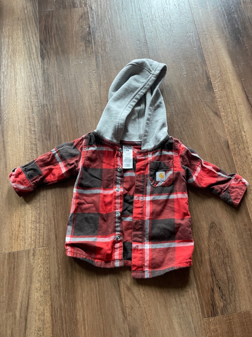 Carhartt Red, Black & White Plaid Hooded Flannel with Yellow Logo Patch